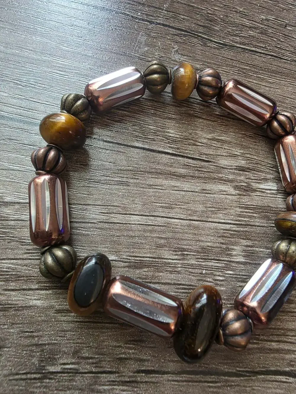 Artisan Handmade Beaded Stretch Bracelet with Tiger's Eye and Copper-Tone Accent